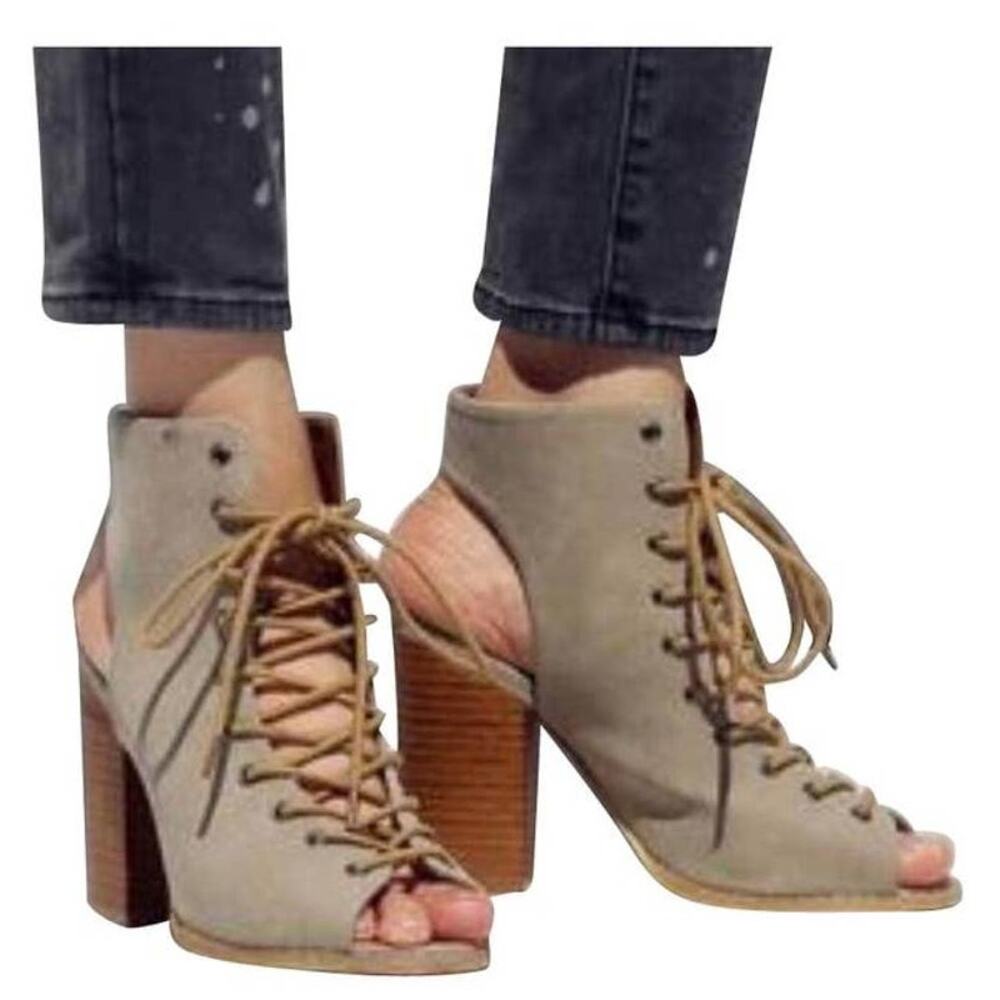 Mi.iM Nikita Cut Out Bootie Lace Up  Open Toe Chunky Heel Tan 9M